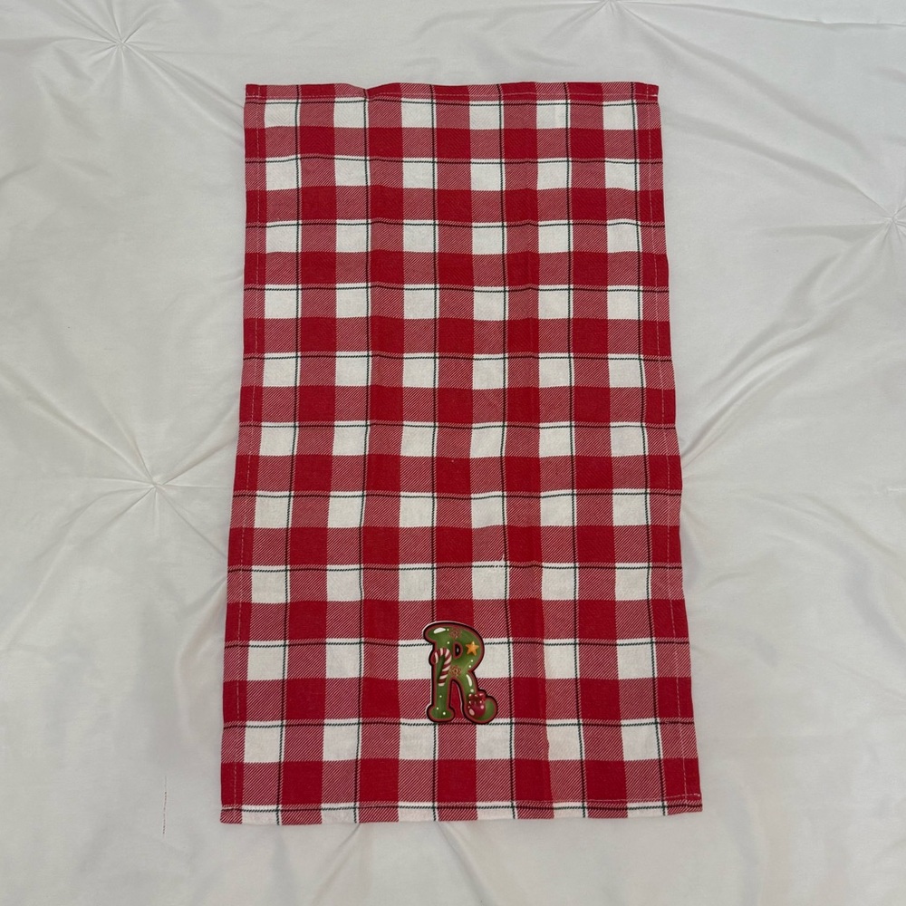 Holiday Time Red and White Checkered Kitchen Towel with R Initial